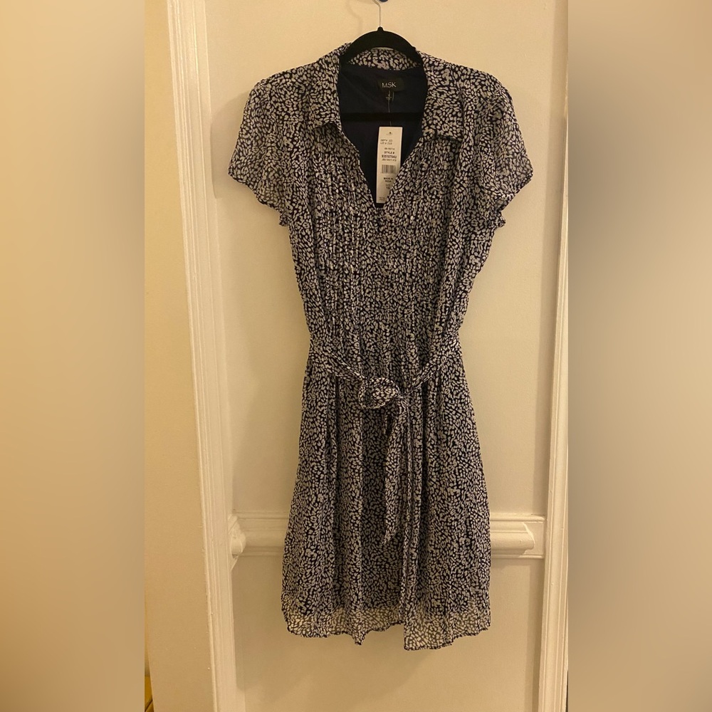 MSK Navy and White Printed Midi Dress with Tie Waist